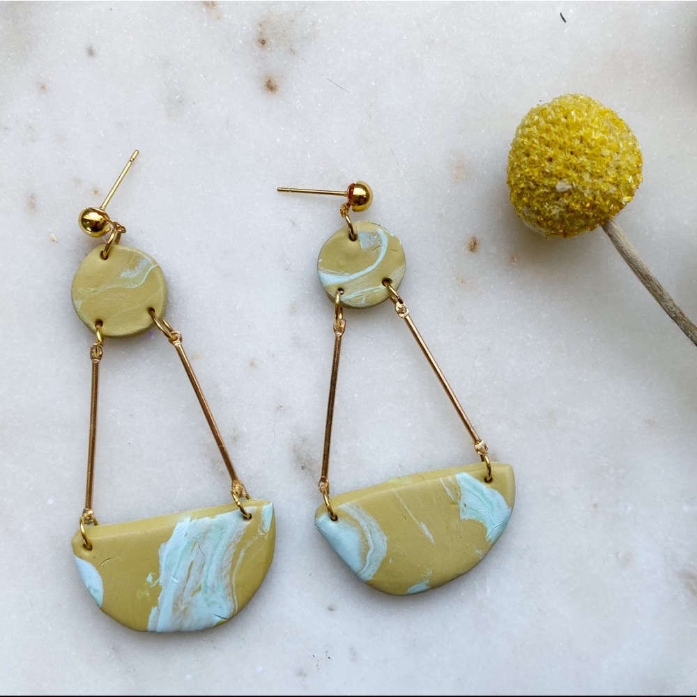 Yellow marbled clay dangle chandelier earrings